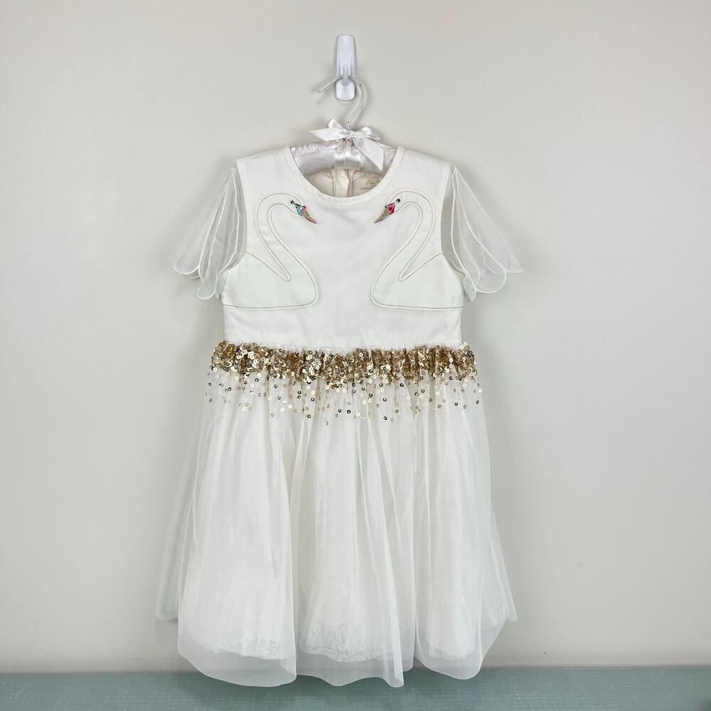 Mini Boden Ivory Swan Tulle Dress with Gold Sequins 6-7